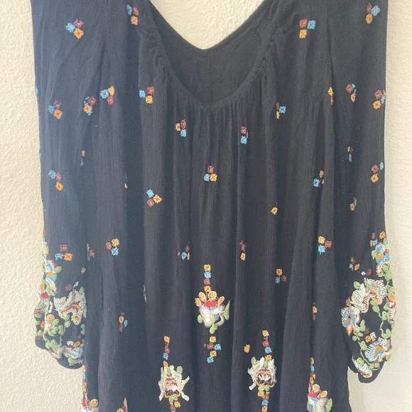 Free People Mini Dress Size XS Oxford Embroidered Black Floral Boho Goth Witchy - Picture 10 of 16